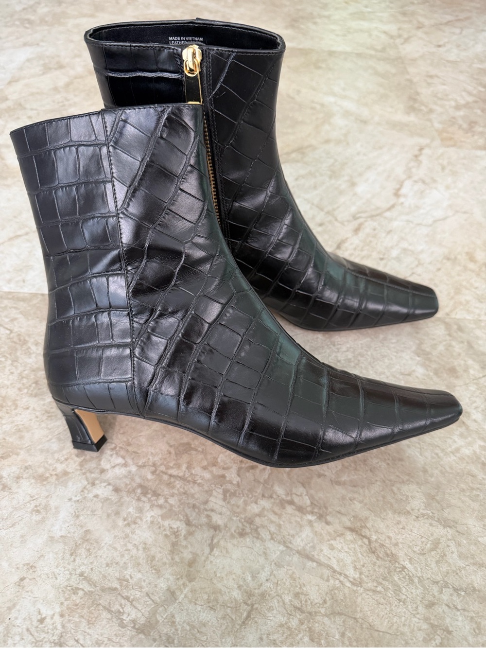 Michael Kors Croc-Embossed Black Leather Ankle Boots with Kitten Heel